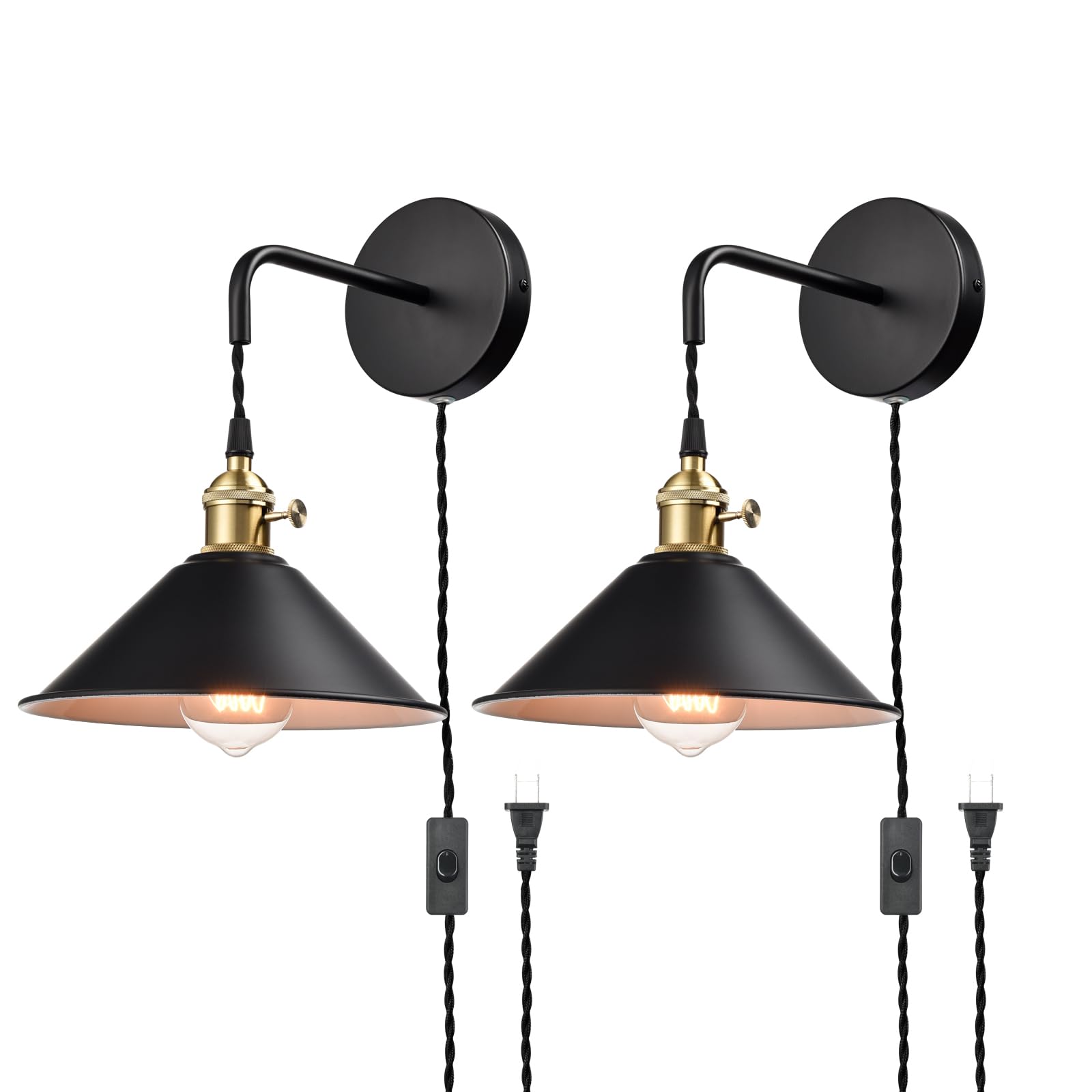 Industrial Wall Sconce Black Plug-in Wall Lamp with On/Off Switch 2-Pack 