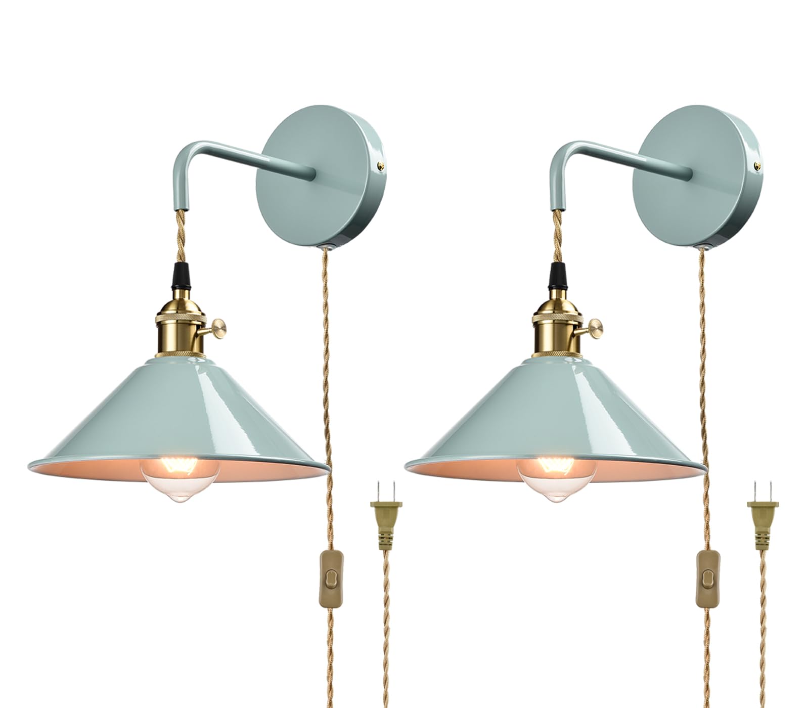 Sea Green Wall Sconce 2-Pack Plug-in Wall Light Fixture with On/Off Switch