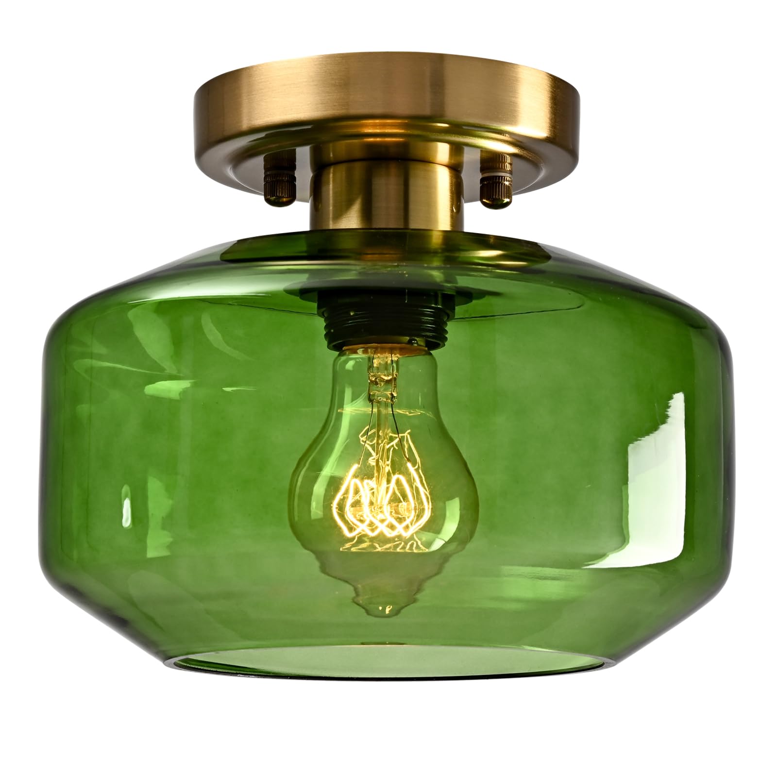 Vintage Semi Flush Mount Ceiling Light with Green Glass Shade Mid Century Modern Light Fixture