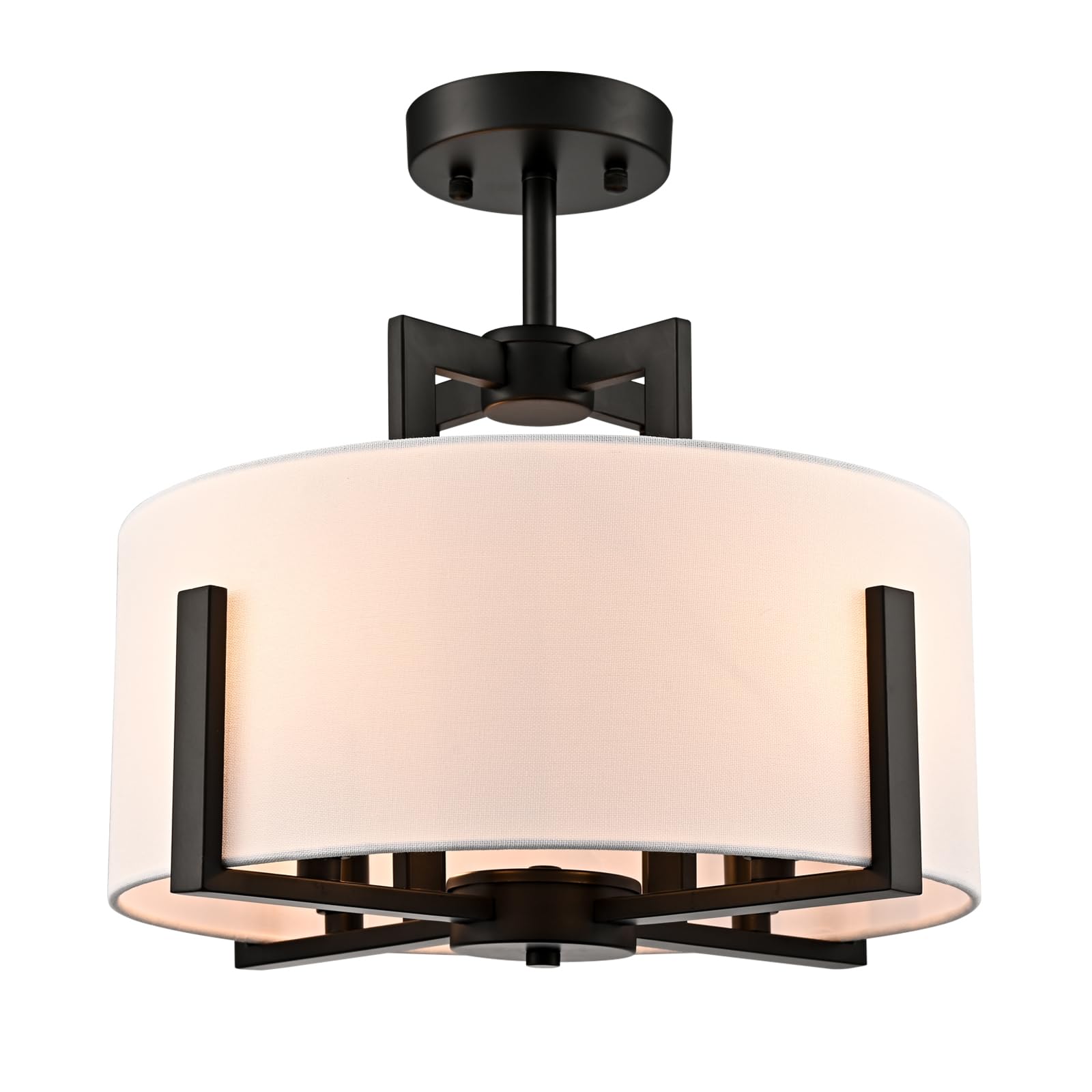 Black Semi Flush Mount Ceiling Light 4-Light Modern Drum Ceiling Light with Linen Shade