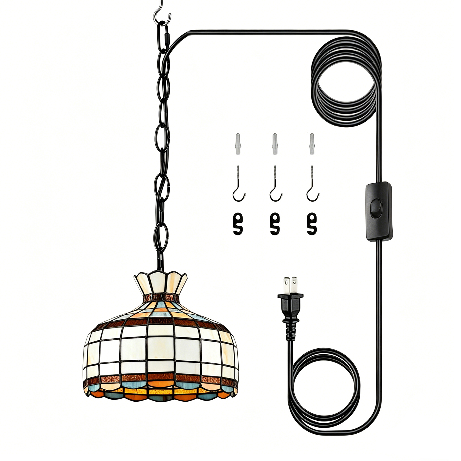 Black Tiffany Plug-in Pendant Light with Stained Glass Dome Shade