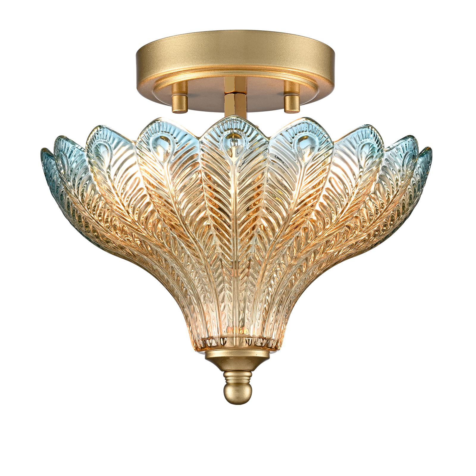 2-Light Luxury Gold Semi Flush Mount Ceiling Light with Blue & Amber Feather Glass Shade