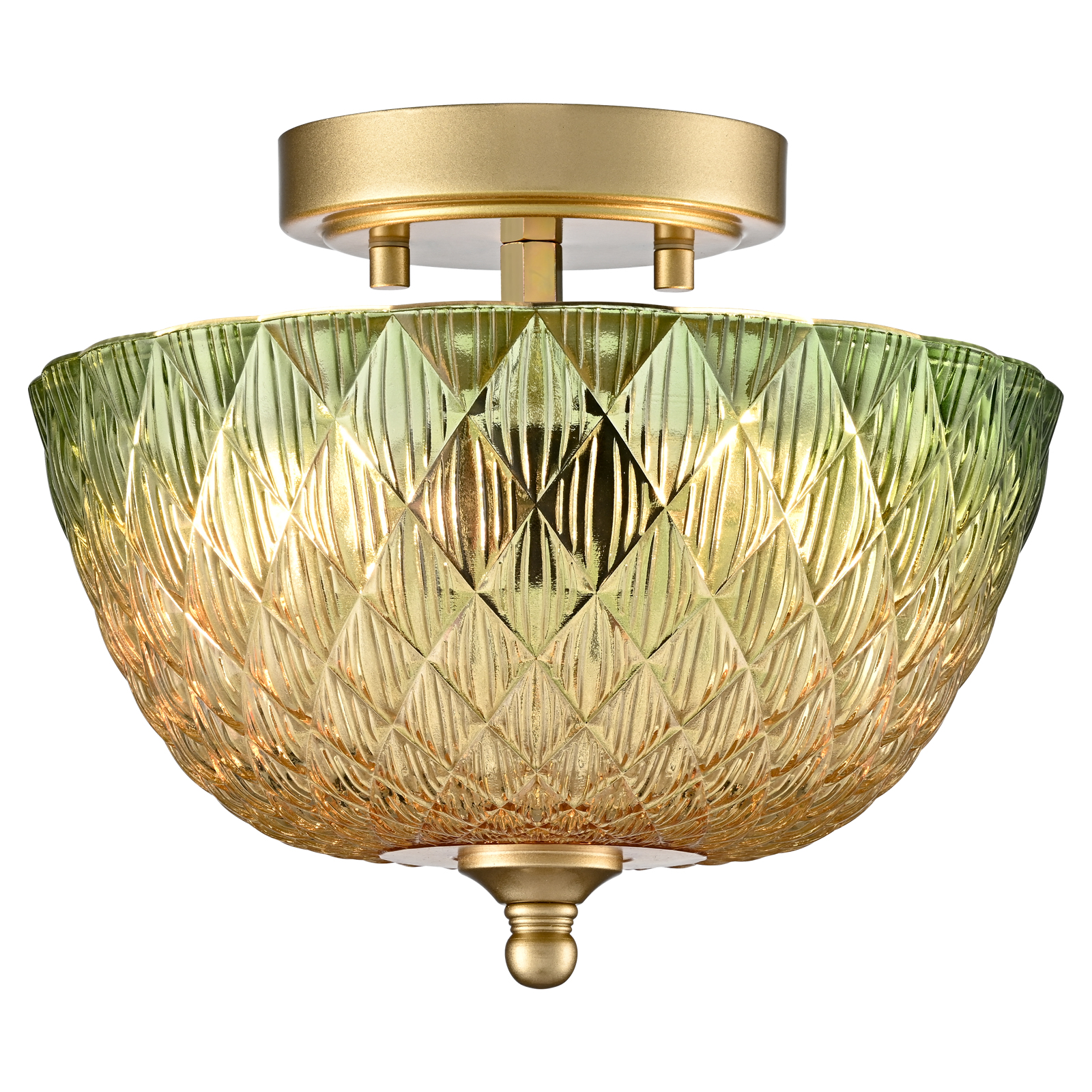 2-Light Semi Flush Mount Ceiling Light with Green & Amber Glass Shade