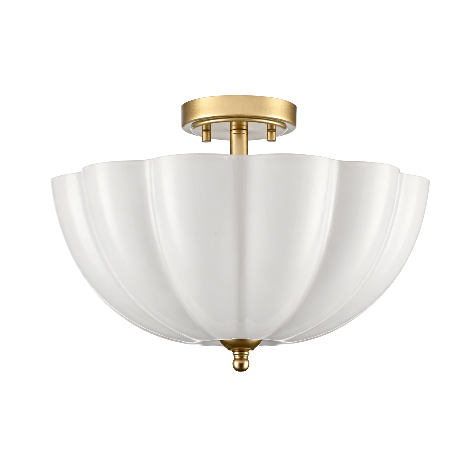 Art Deco Scalloped Milk Glass Semi Flush Mount Ceiling Light with Antique Brass Finish