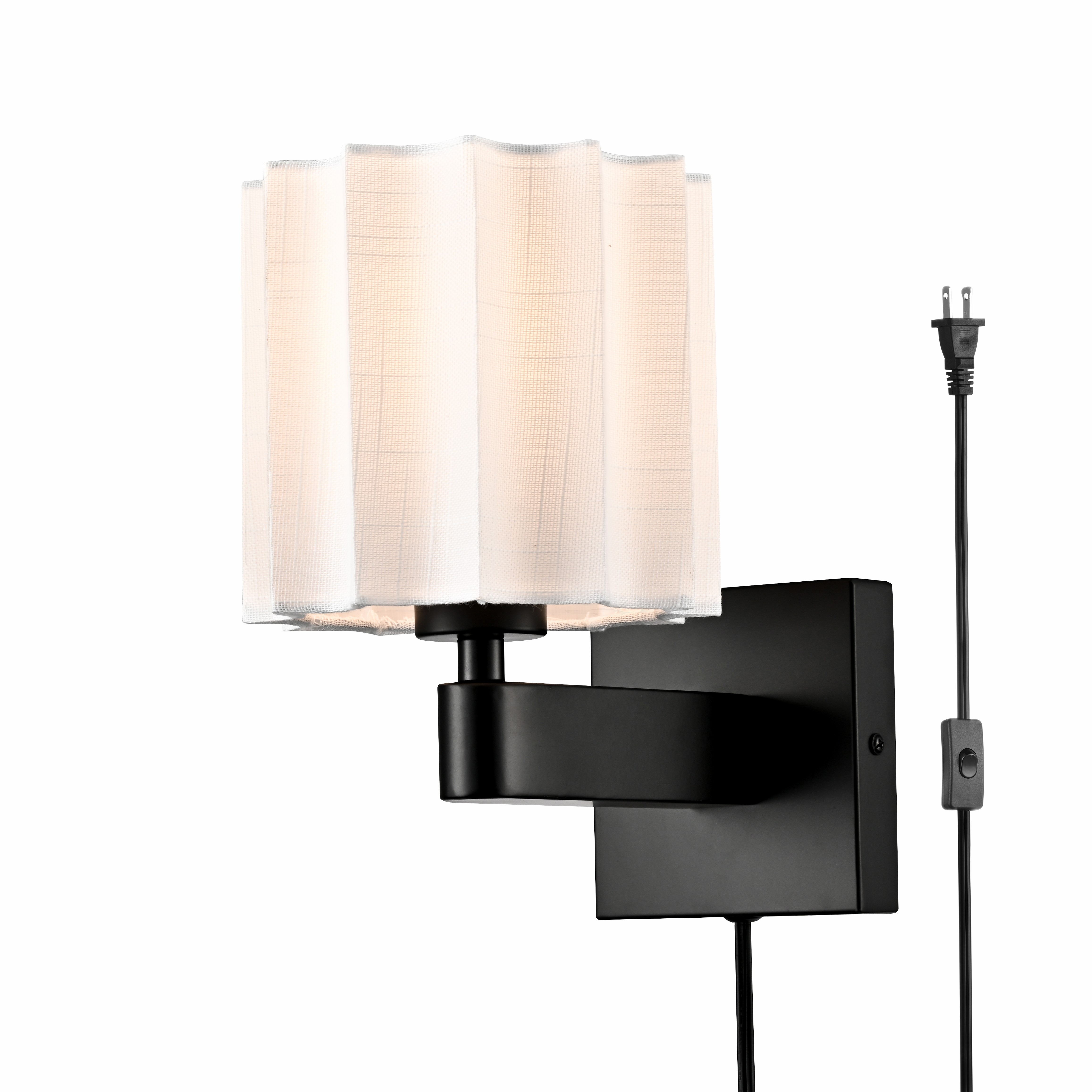 Plug in Black Wall Sconce Mid Century Modern Pleated Linen Shade