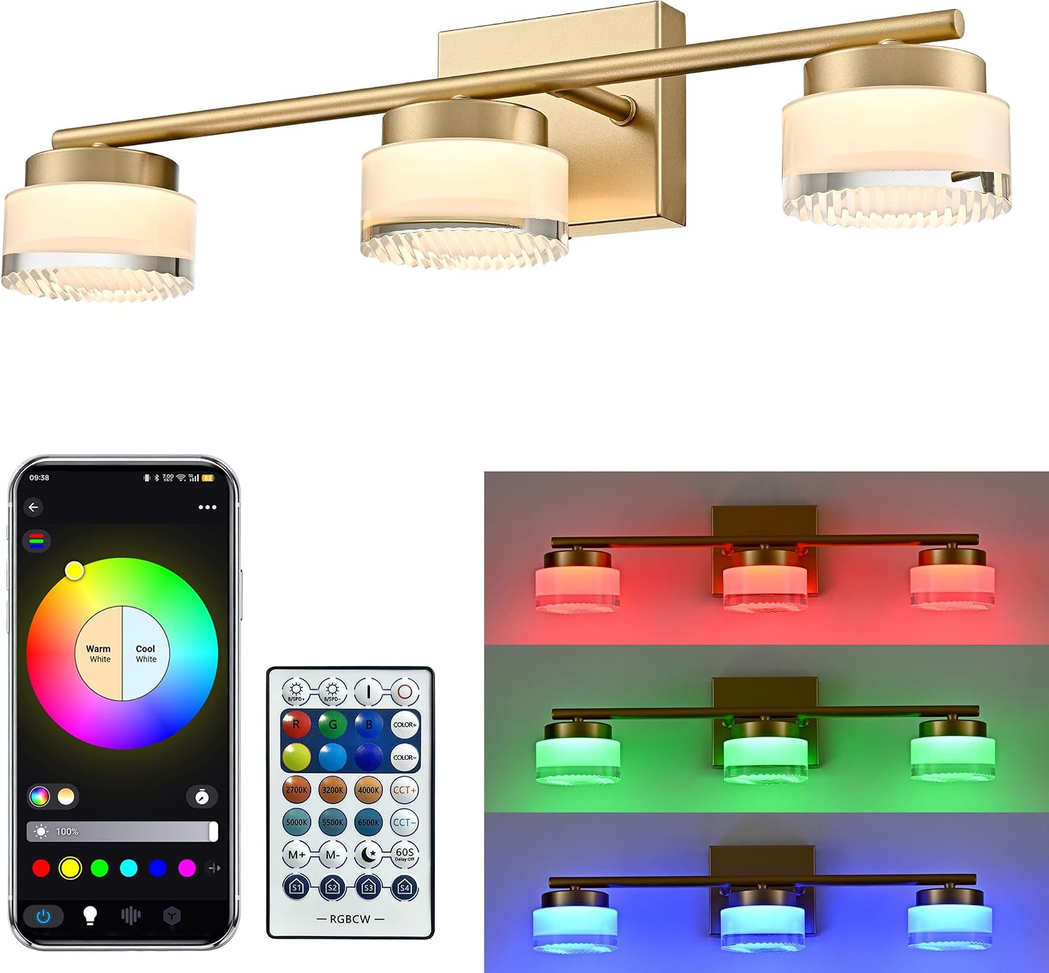 Gold 3-Light RGB Bathroom Vanity Light with APP & Remote Control Modern 1600LM LED Wall Light