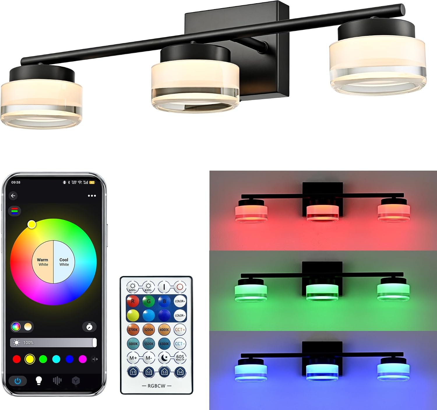 Black 3-Light RGB Bathroom Vanity Lights with Remote & APP Control Modern 21" LED Sconce with Music Sync
