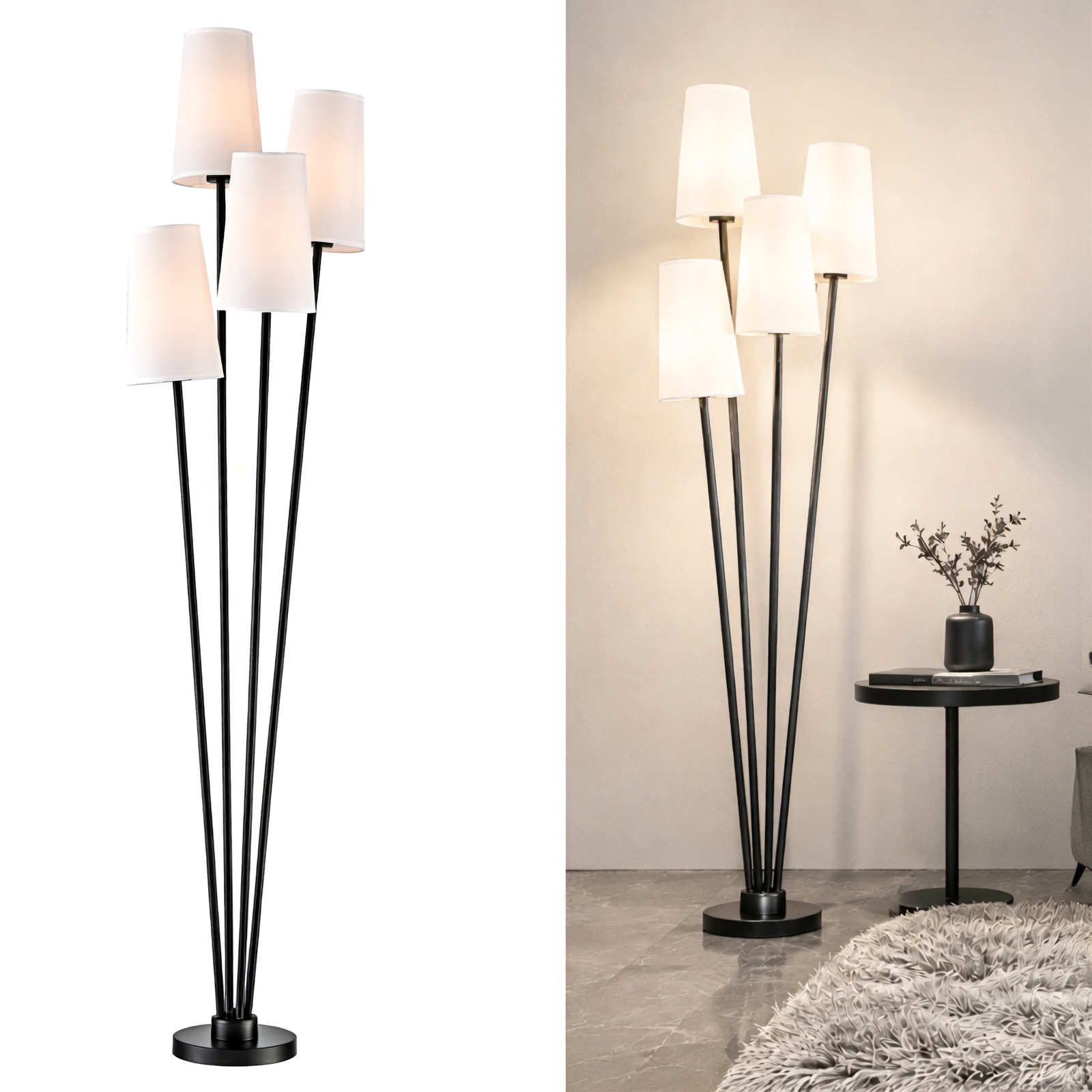 4-Light Modern Black Floor Lamp Unique with Linen Shade Tall Lamp Behind Couch for Living Room