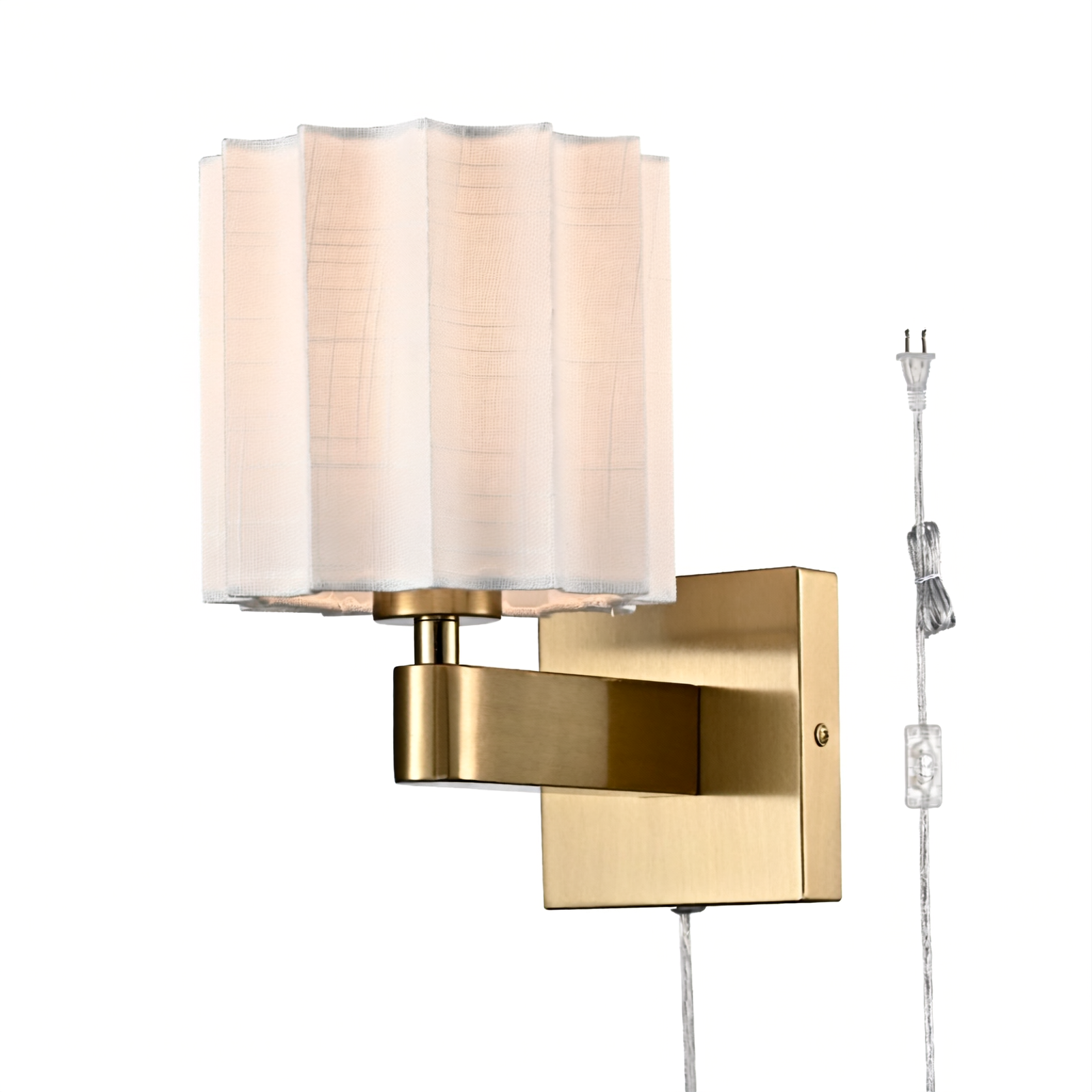 Plug in Gold Wall Sconce Mid Century Modern Pleated Linen Shade