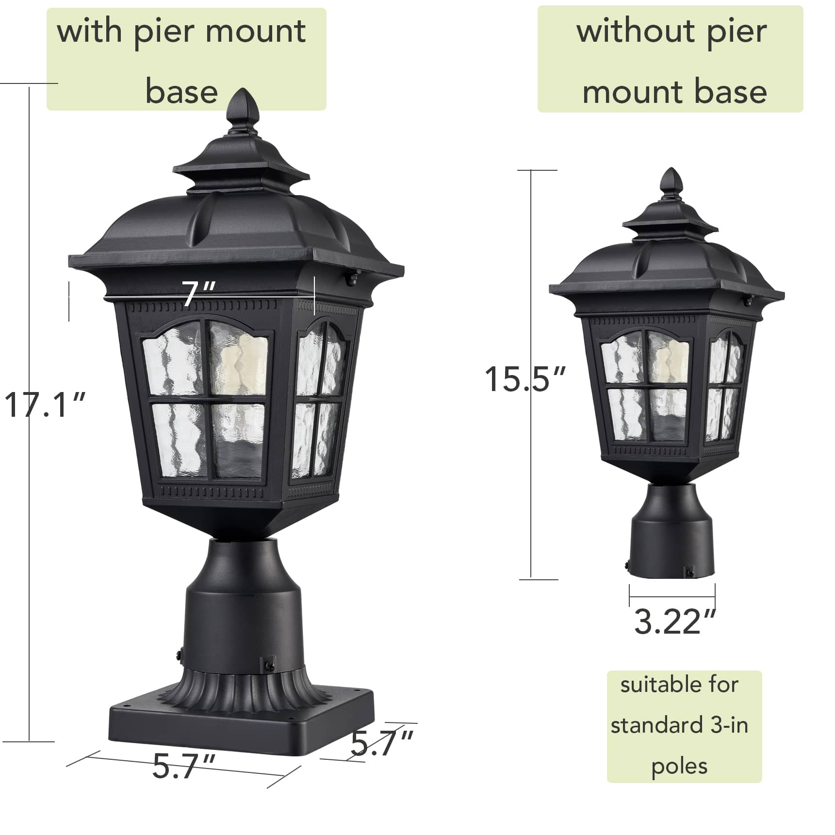Outdoor Post Lights Exterior Pole Lantern with Pier Mount, Matte Black
