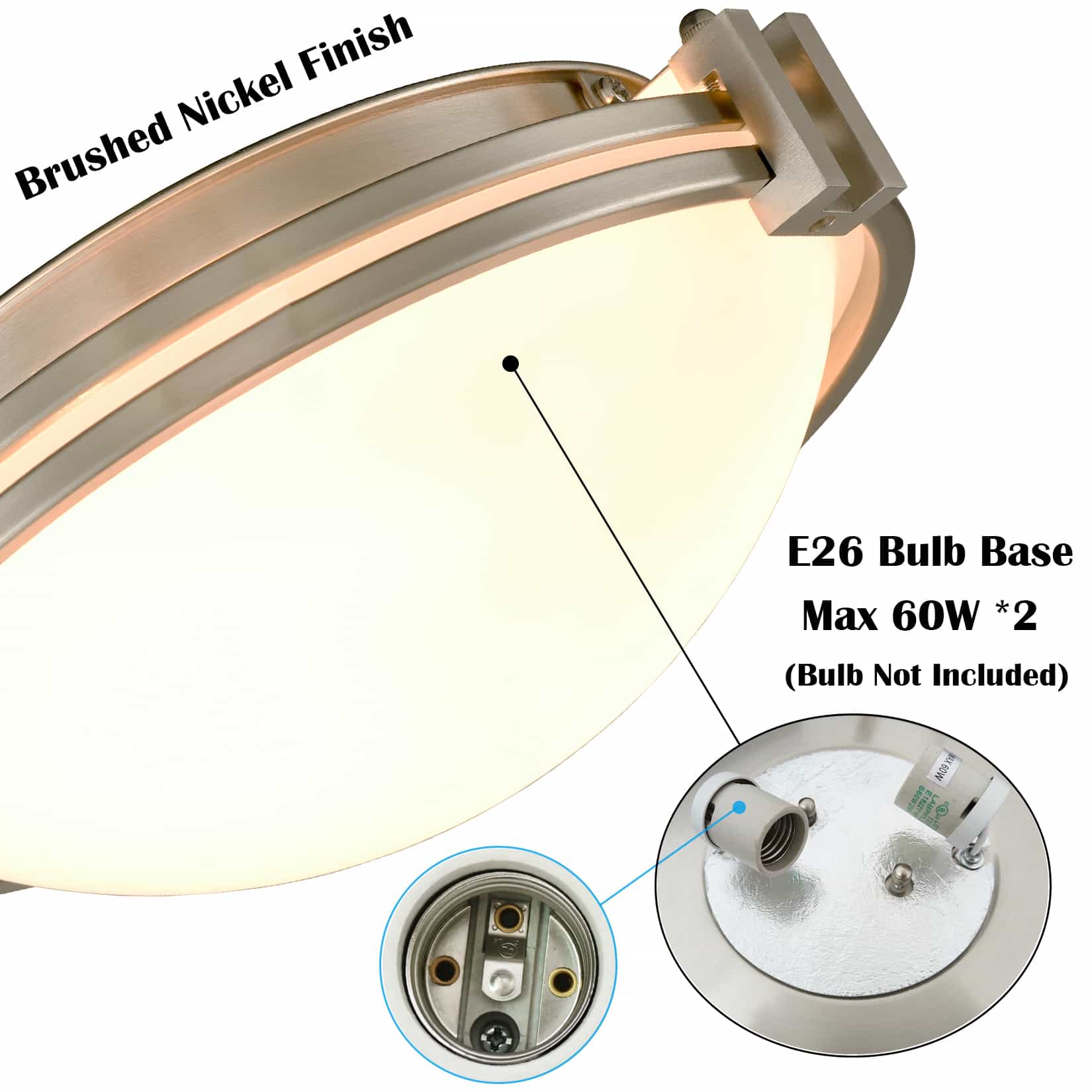 Brushed Nickel Flush Mount Light 2-Light Milk Glass Ceiling Light