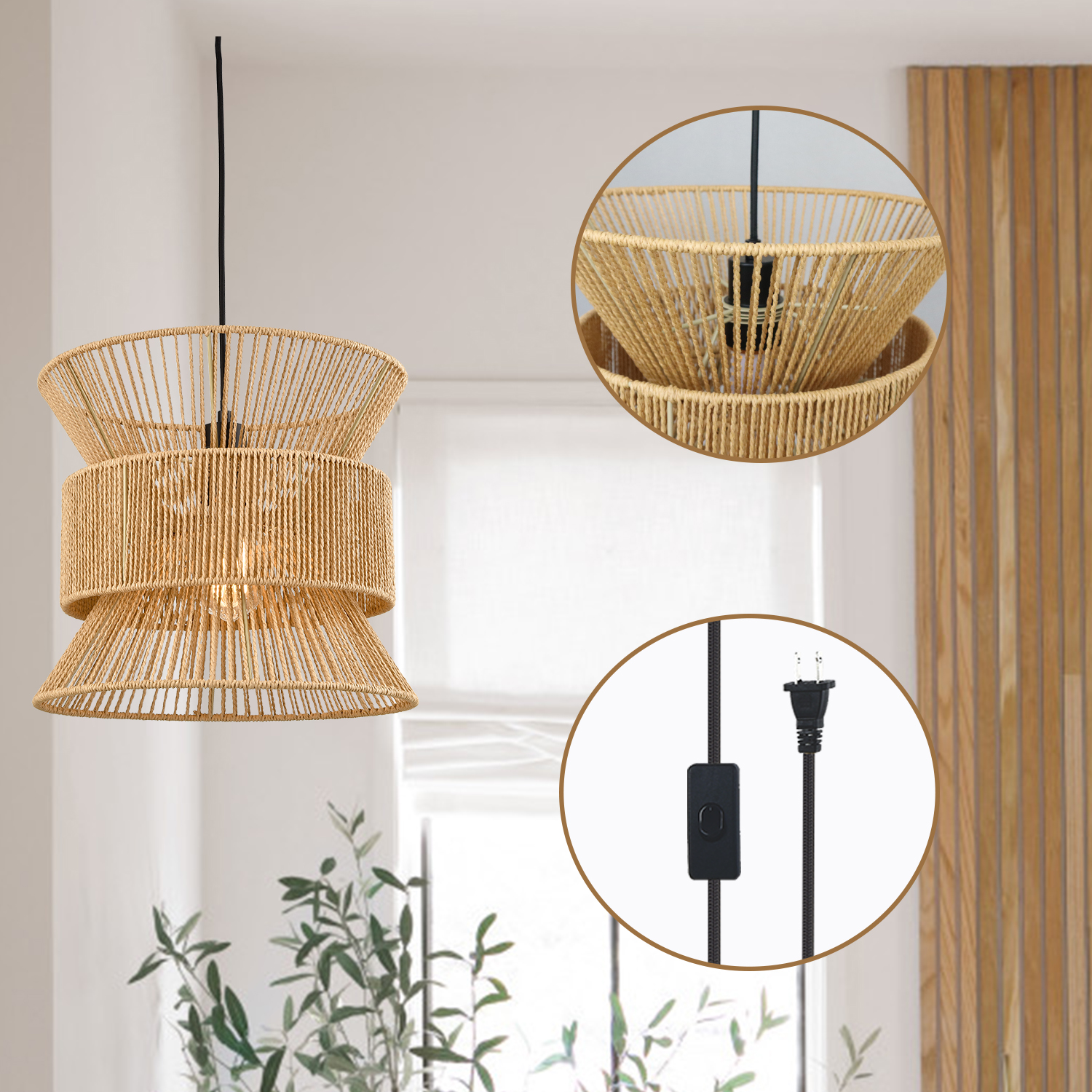 Plug in Pendant Light Rattan Hanging Lamp Boho On/Off Switch