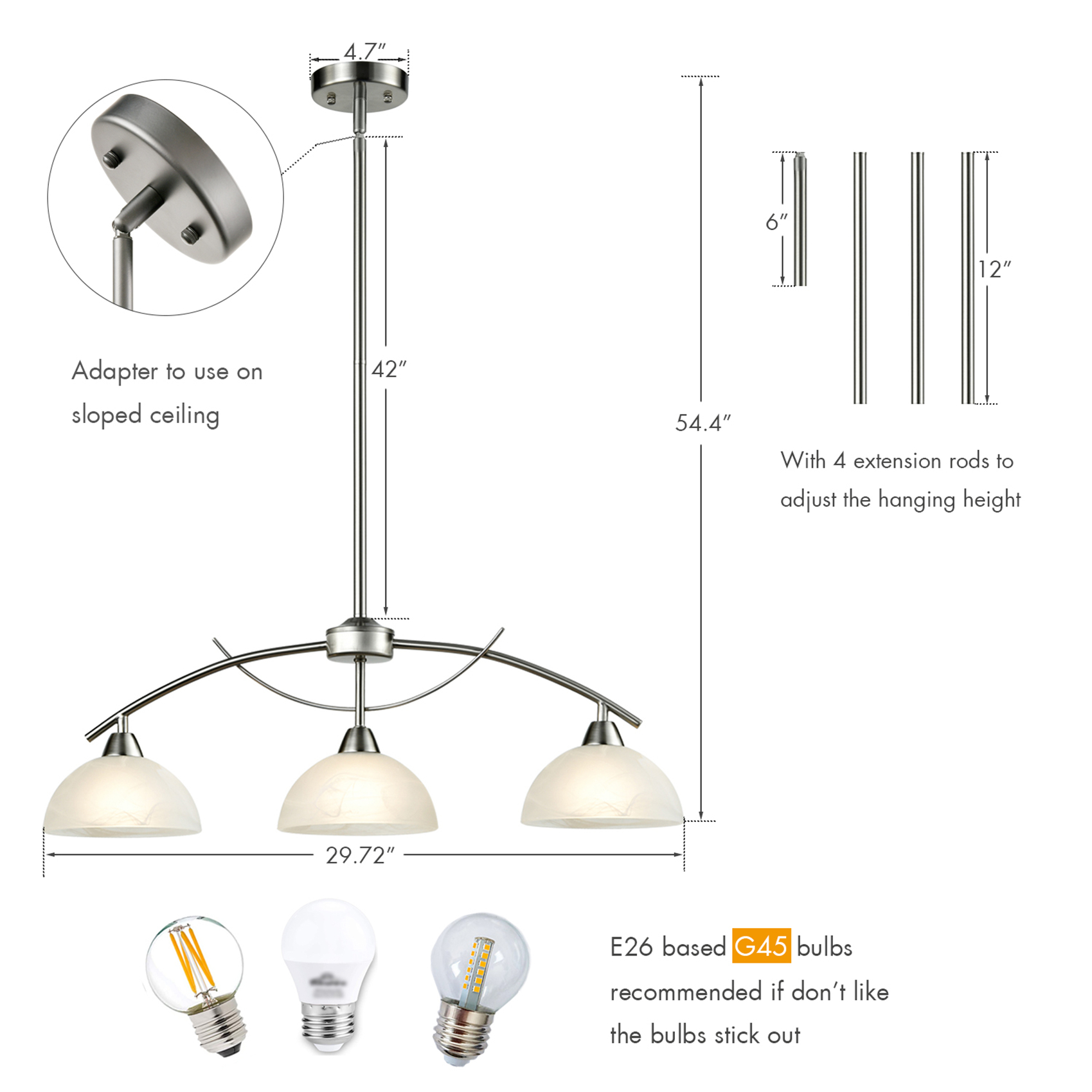 Modern 3-Light Kitchen Pendant Lighting, Brushed Nickel