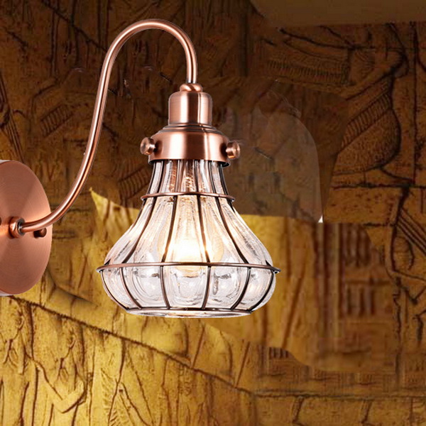 Retro Red Bronze Wall Sconce Pattern Glass Shade Wall Lamp