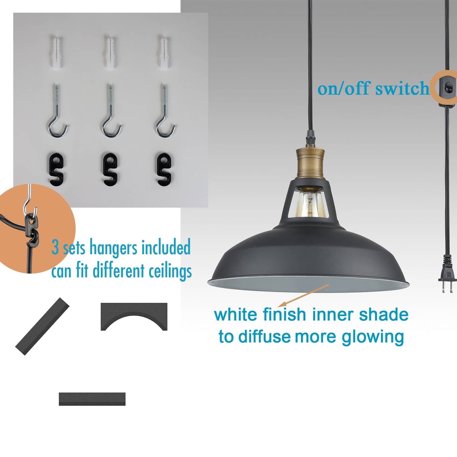 Industrial Plug-In Pendant Light Barn Shape On/Off Switch Set of 2