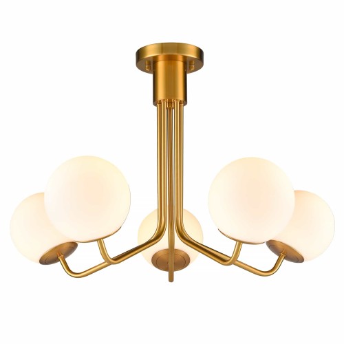 5-Light Mid-Century Modern Gold Semi Flush Mount Globe Ceiling Chandelier Light