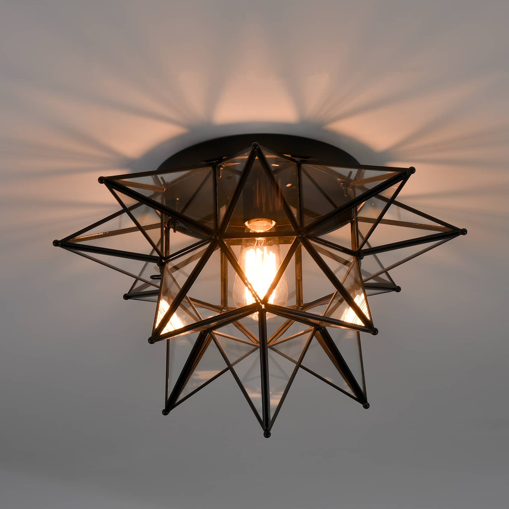 Moravian Star Flush Mount Ceiling Light, 18-In, Black, Transparent