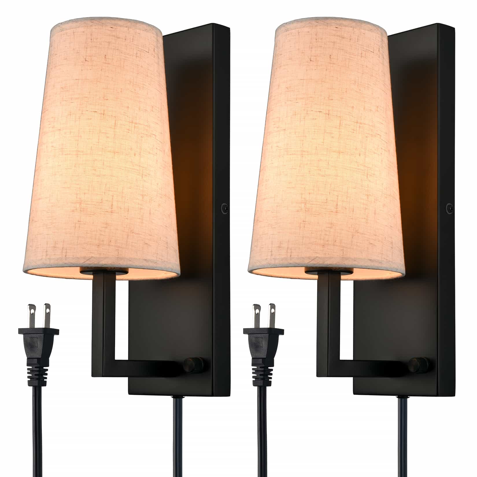 Black Plug in Wall Sconces Sets of Two Modern Fabric Shade Wall Lamps