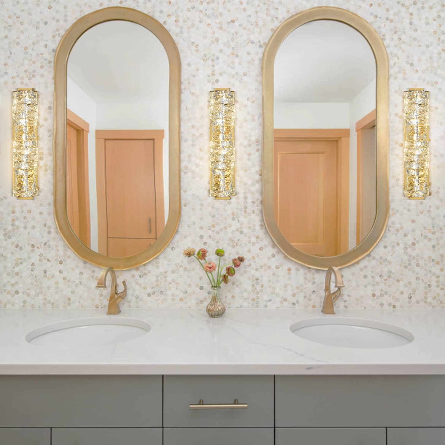 Crystal Gold Bathroom Vanity Lights LED Stainless Steel, 18.5-In