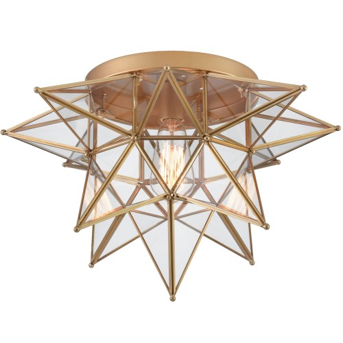 Brass Moravian Star Ceiling Light, 18-in, Transparent Glass
