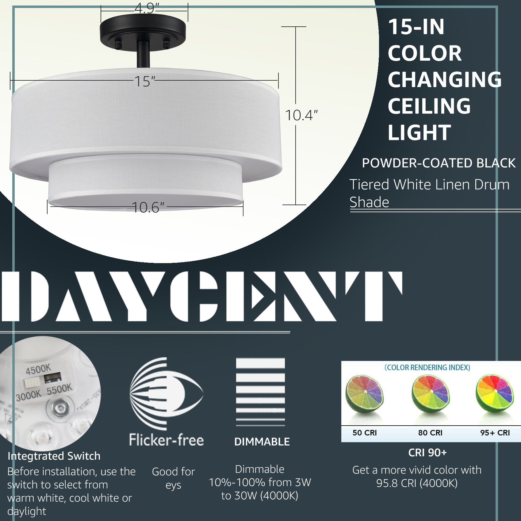 Modern LED Ceiling Lights Black Drum Fixture, Color-Selectable