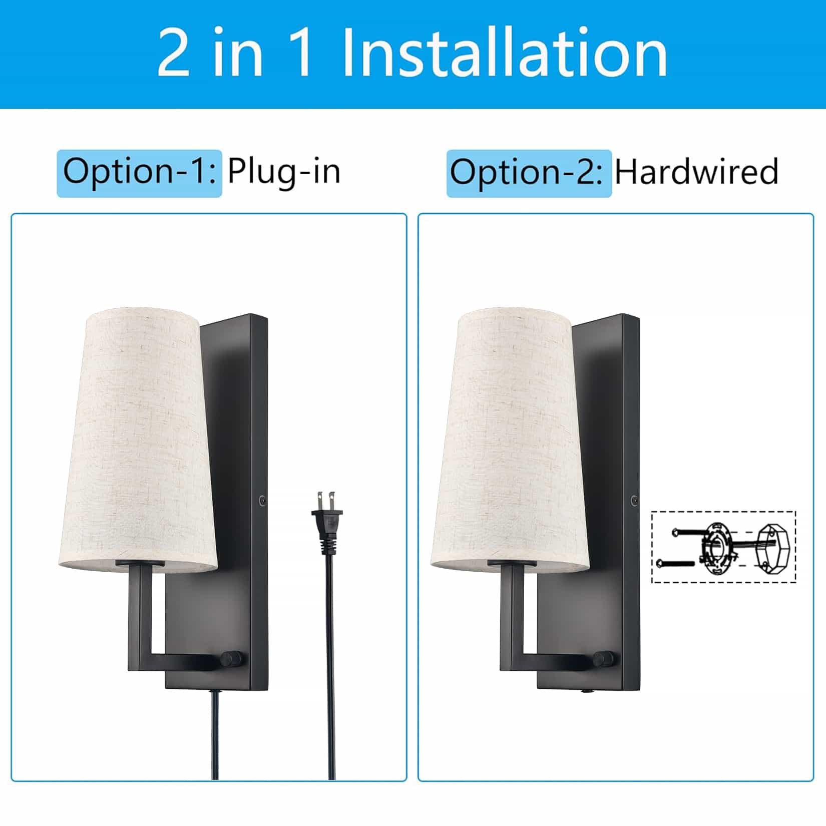 Black Plug in Wall Sconces Sets of Two Modern Fabric Shade Wall Lamps