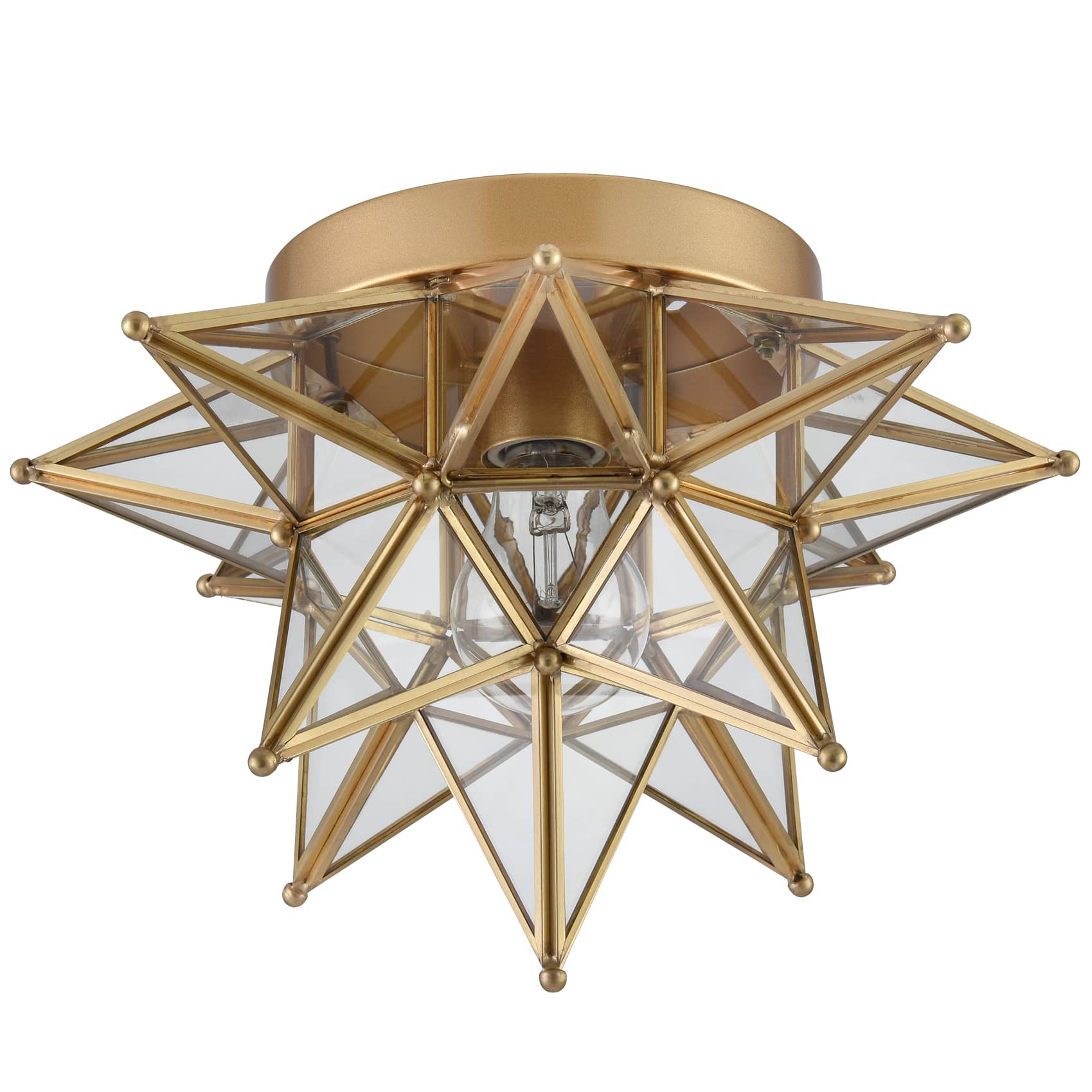 Brass Moravian Star Ceiling Light Flush Mount, Transparent, 12.7-IN