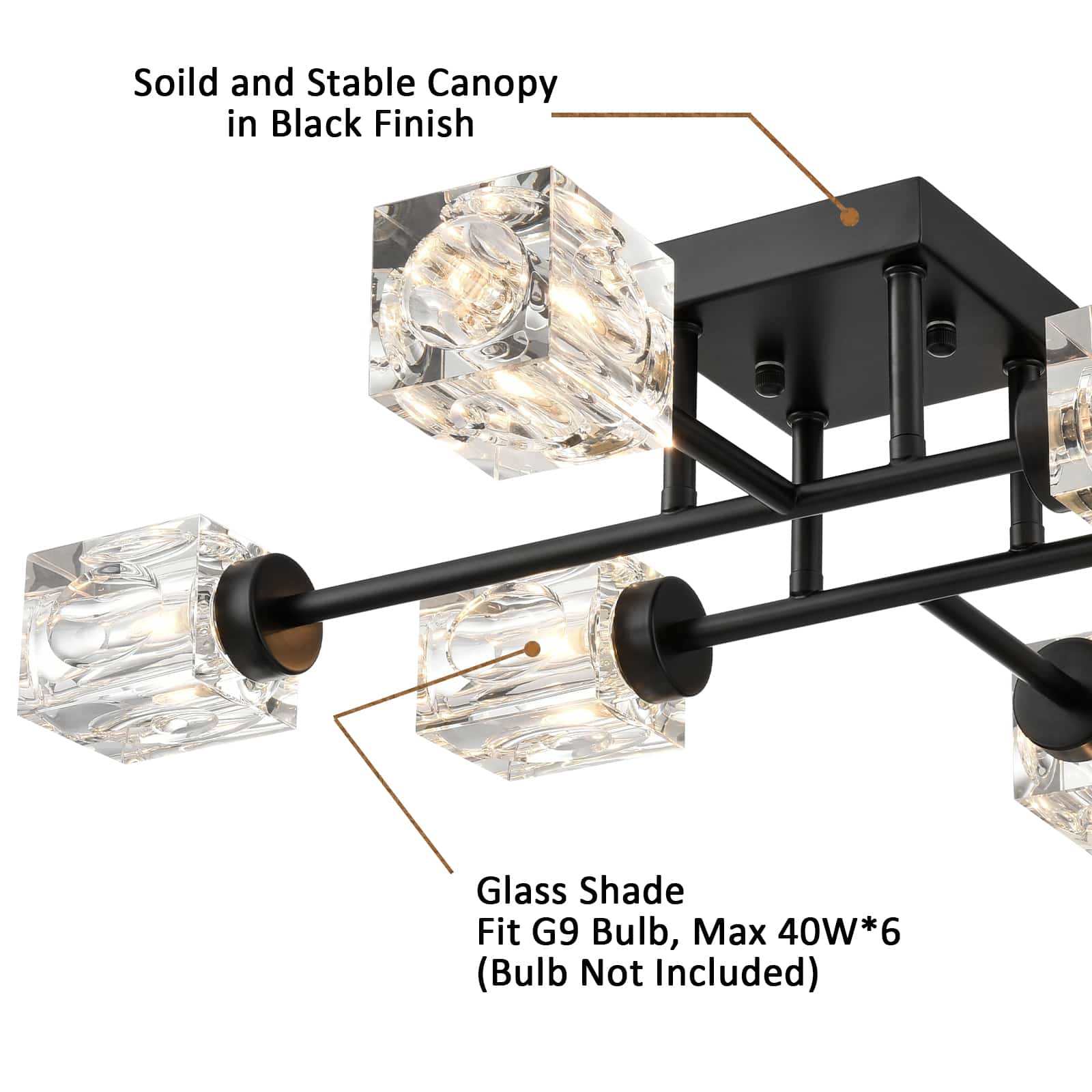 Black Crystal 6-Light Semi Flush Mount Ceiling Light Fixture