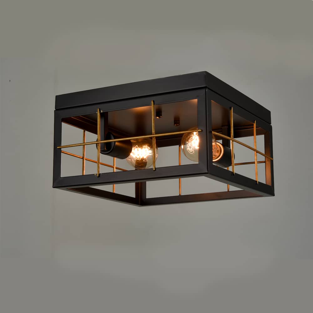 Farmhouse Black Flush Mount Ceiling Light Brass Fixture, 2-Light