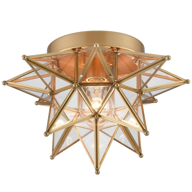 Brass Moravian Star Ceiling Light Flush Mount, Transparent, 12.7-IN