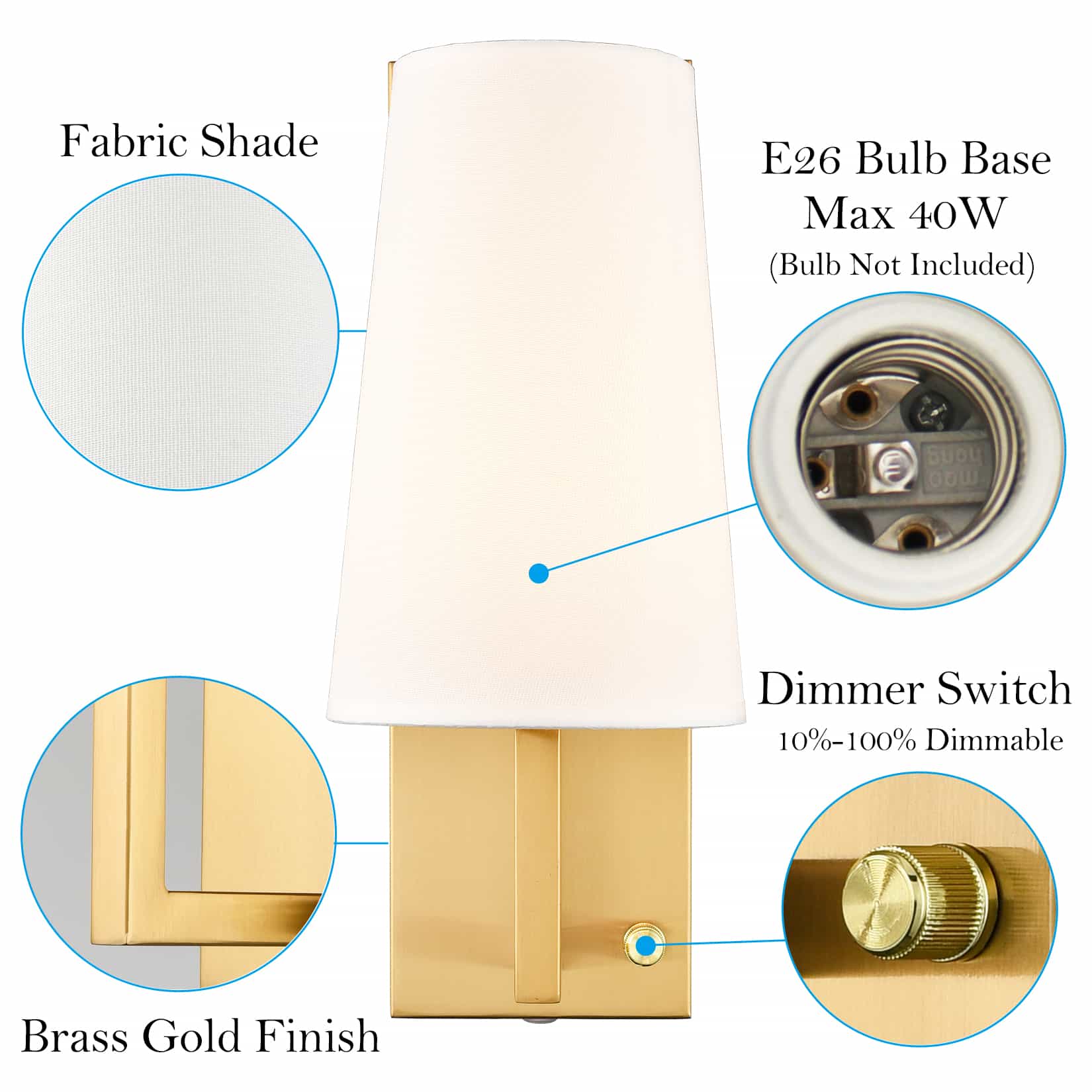 Dimmable Plug in Wall Sconces Set of Two Modern Gold Wall Lamp with Shade