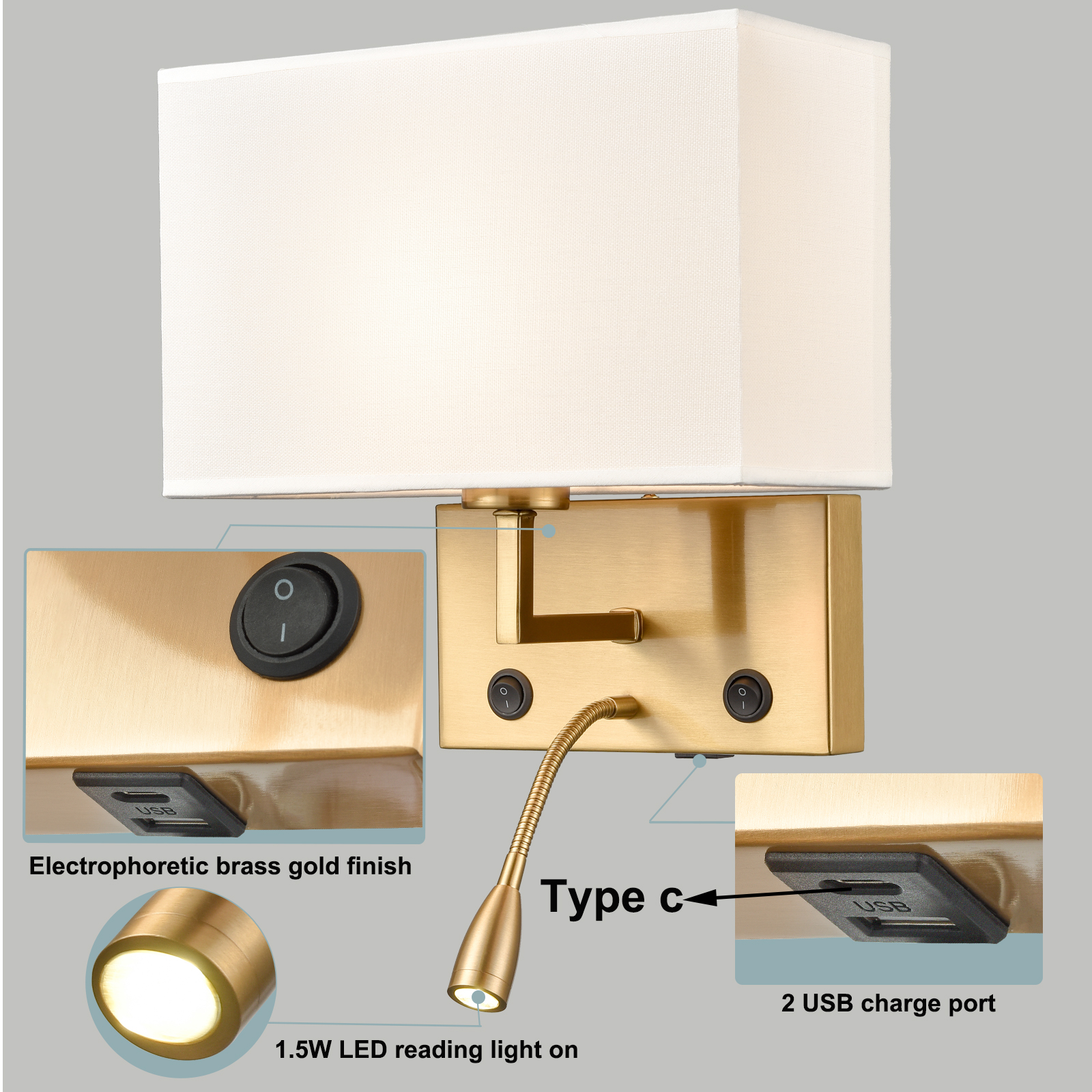 2-pack Modern Gold with white Fabric Wall Sconces with USB Charging Port|LED lighting|Twin on/off Switch for Bedroom