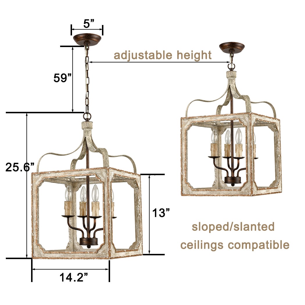 Boho Distressing Wooden Lantern Cage Candle Chandelier 4 Lights