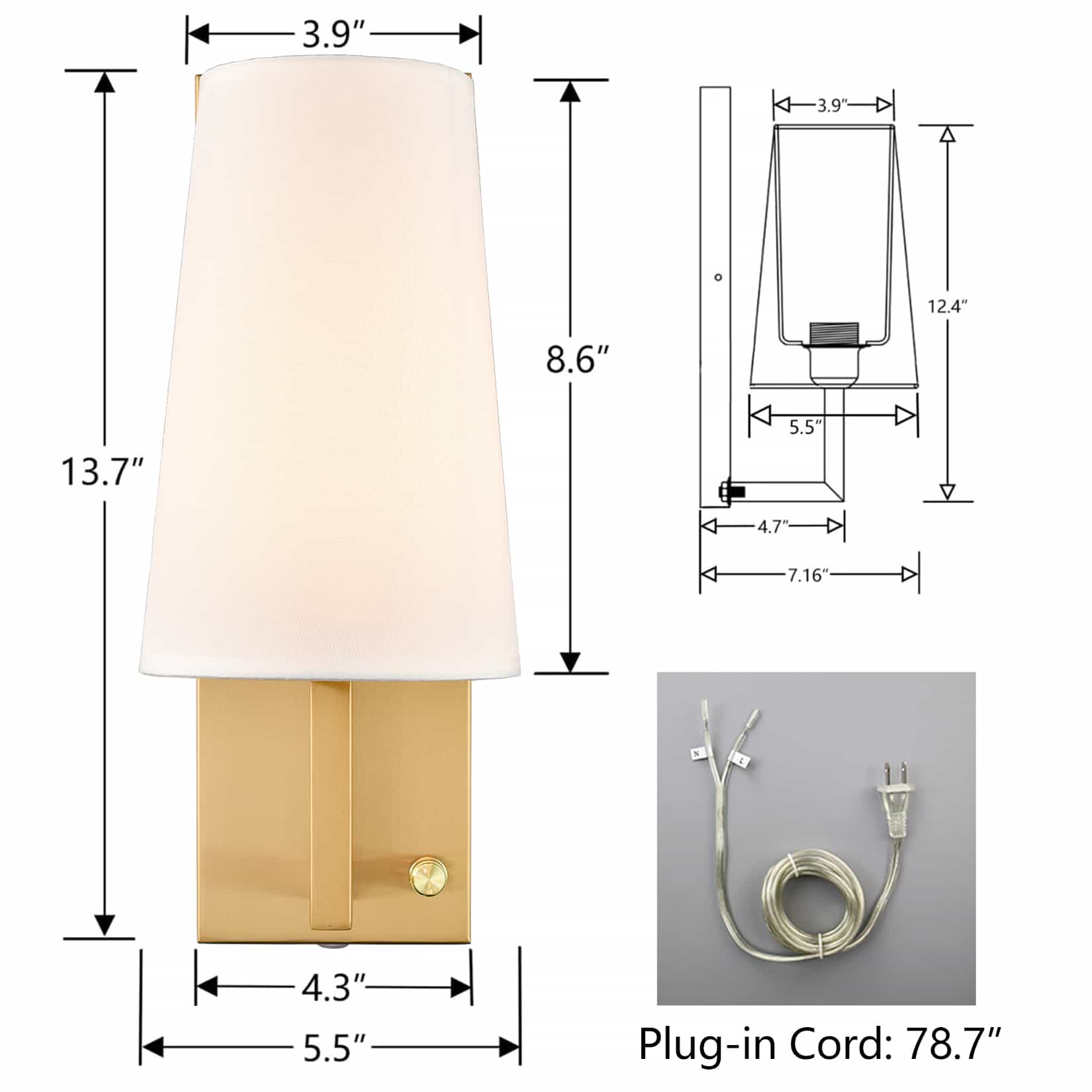 Dimmable Plug in Wall Sconces Set of Two Modern Gold Wall Lamp with Shade