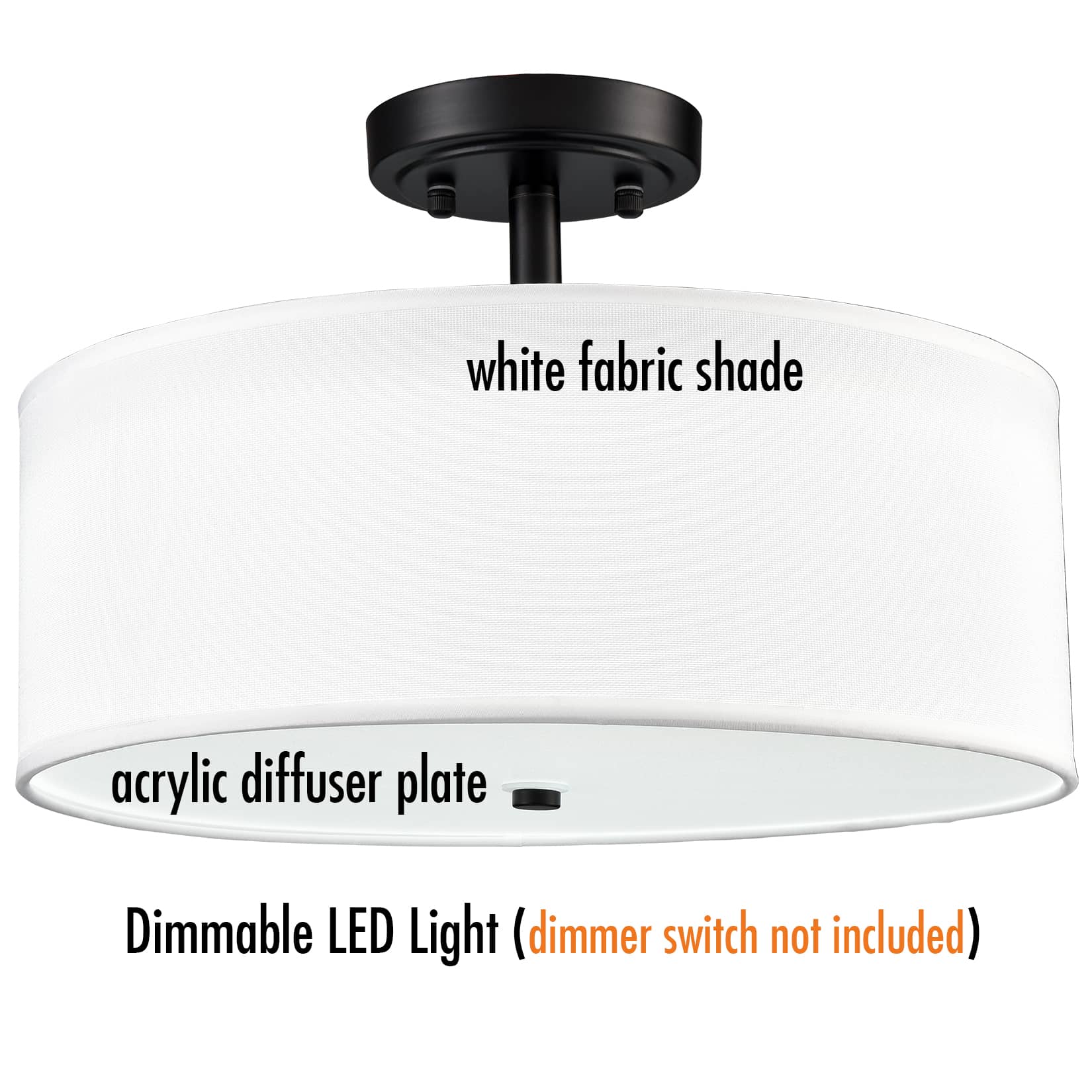 Drum Shade Semi Flush Mount Ceiling Light Black LED Ceiling Light Fixture