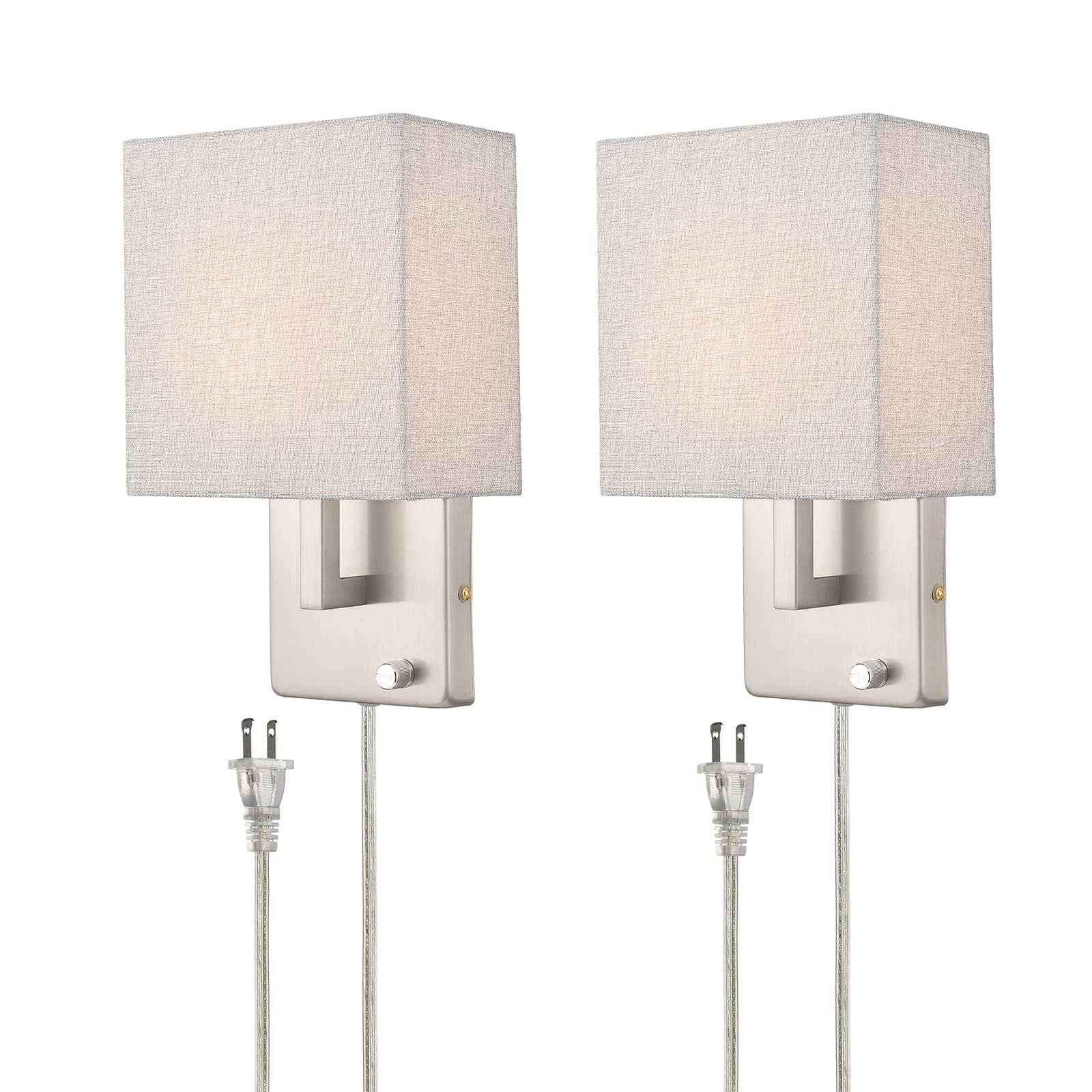 Modern Plug in Wall Sconce with Grey Fabric Shade Brushed Nickel