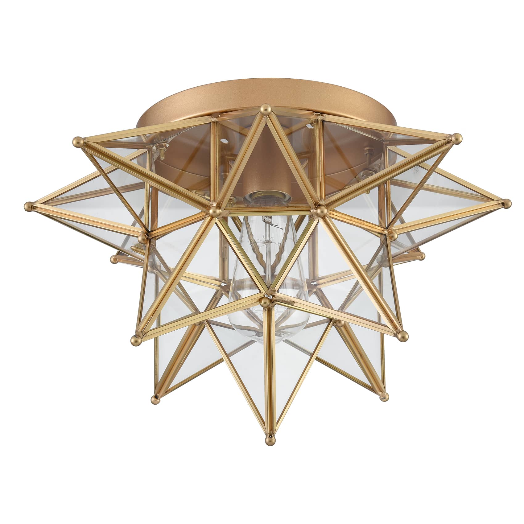 Brass Moravian Star Ceiling Light Transparent Glass 15-Inch