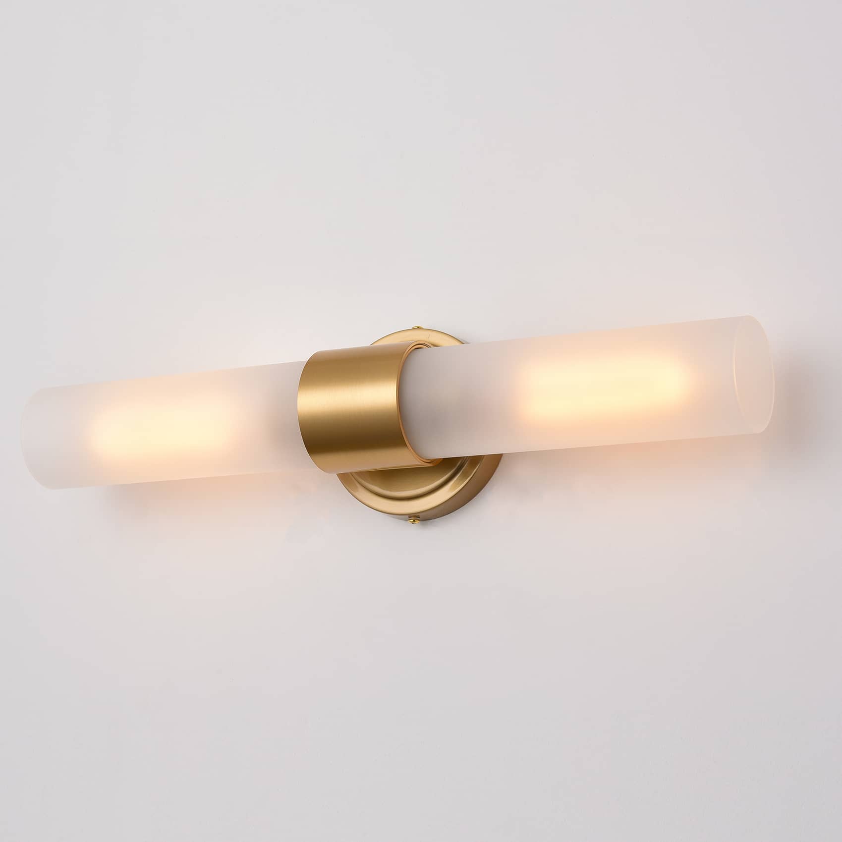 Modern Gold Bathroom Sconces Cylinder Frosted Glass, 2-Light