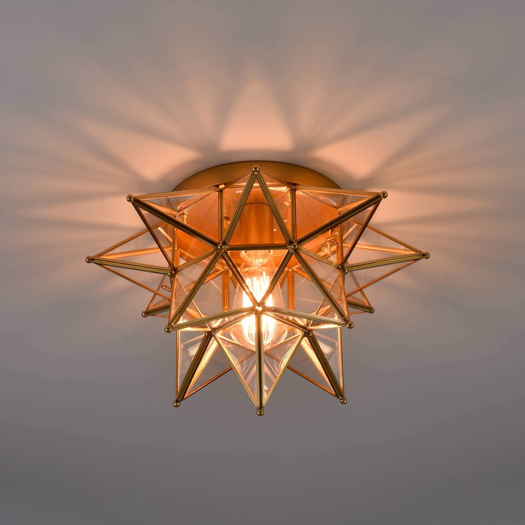 Brass Moravian Star Ceiling Light Transparent Glass 15-Inch