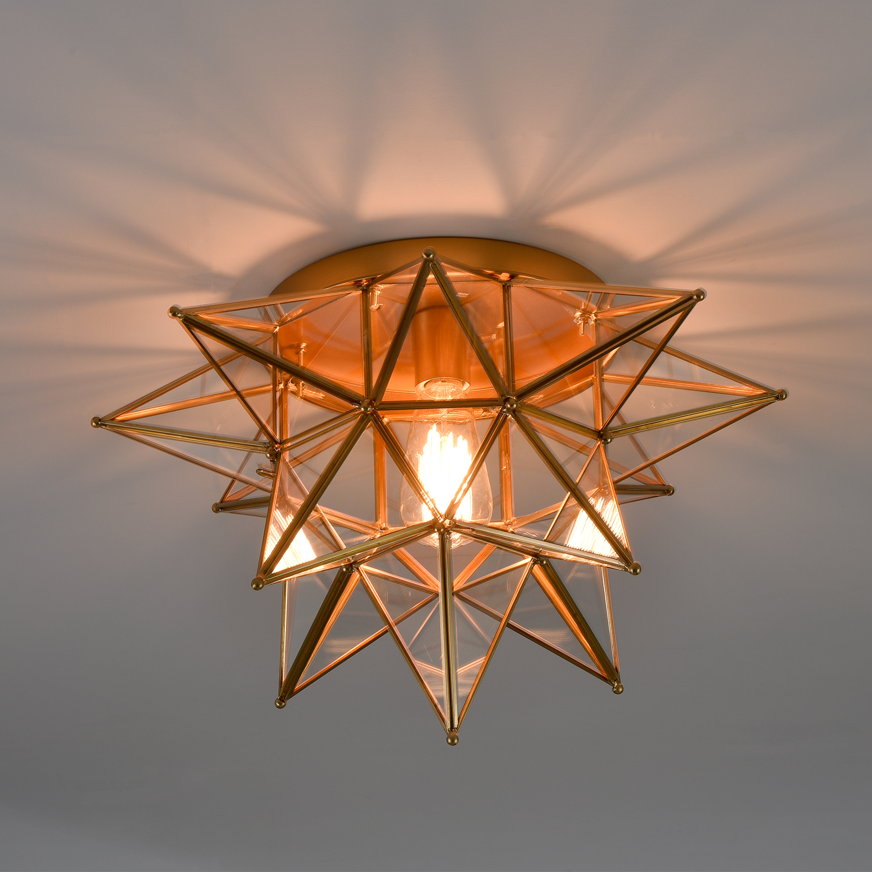 Brass Moravian Star Ceiling Light, 18-in, Transparent Glass