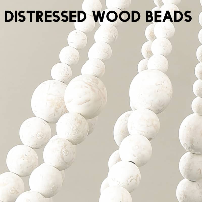 Rustic Wood Beaded Chandelier Distressed Off-White Finish
