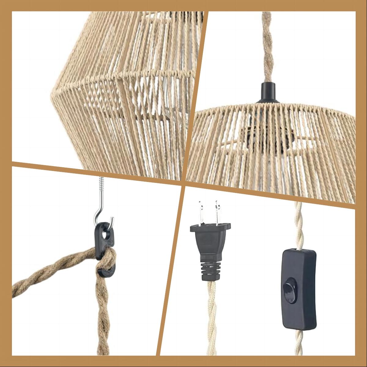 Plug in Pendant Light Hemp Rope Hanging Light with Plug in Cord