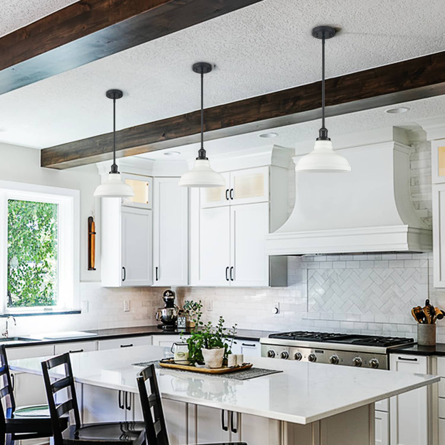 Black Pendant Lighting for Kitchen Island with Opal Glass Shade