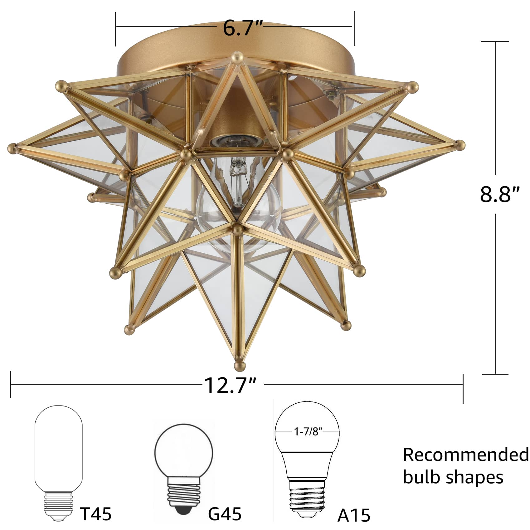 Brass Moravian Star Ceiling Light Flush Mount, Transparent, 12.7-IN