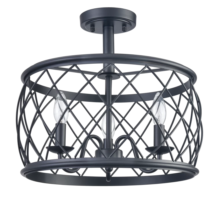 Farmhouse 3Light Drum Semi Flush Mount Ceiling Light Metal Shade Black