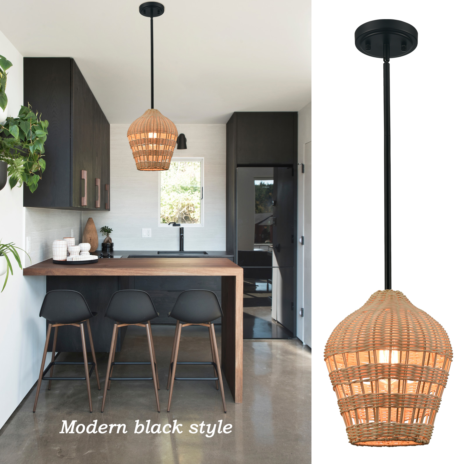 Black Rattan Pendant Light Boho Hanging Light for Bedroom Living room