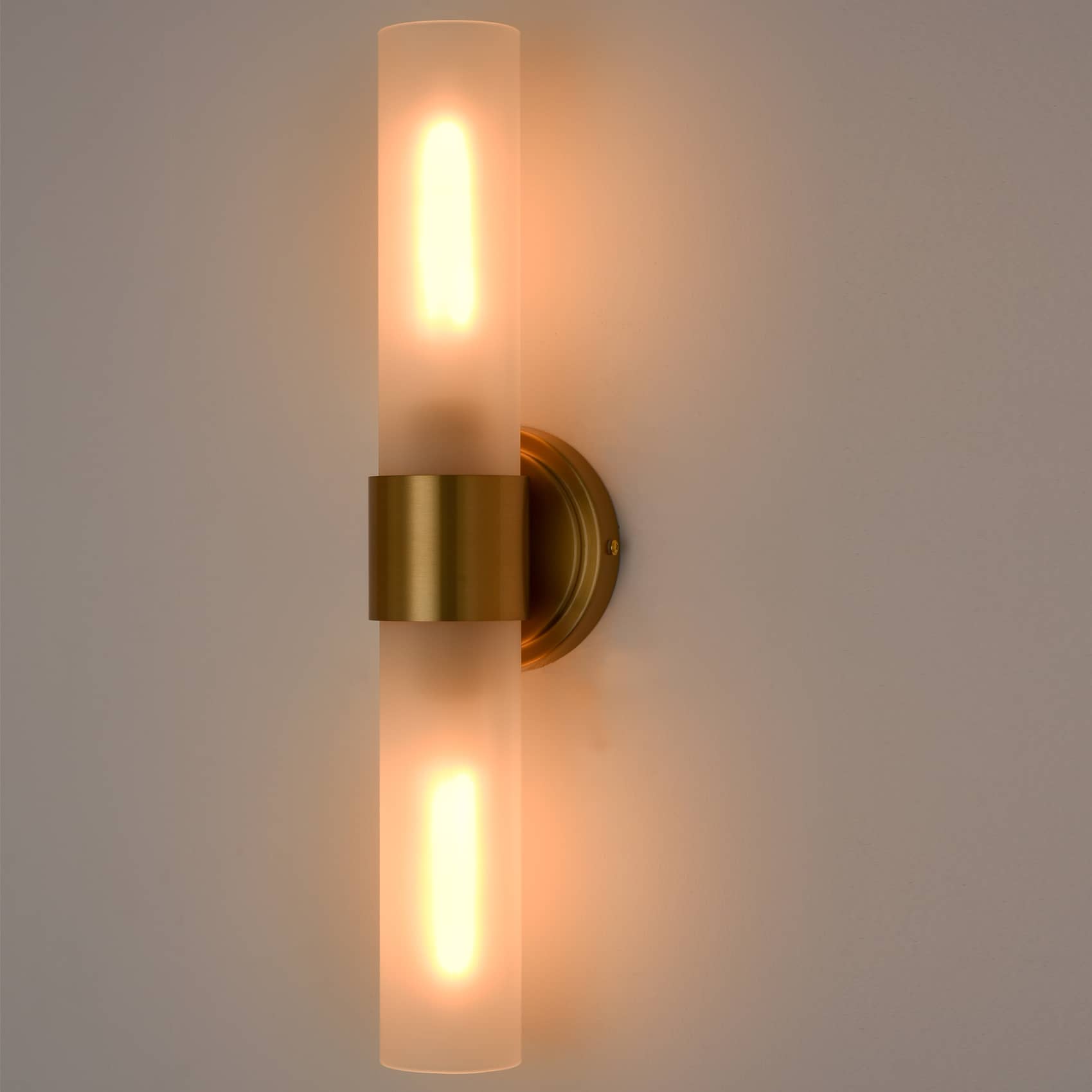 Modern Gold Bathroom Sconces Cylinder Frosted Glass, 2-Light