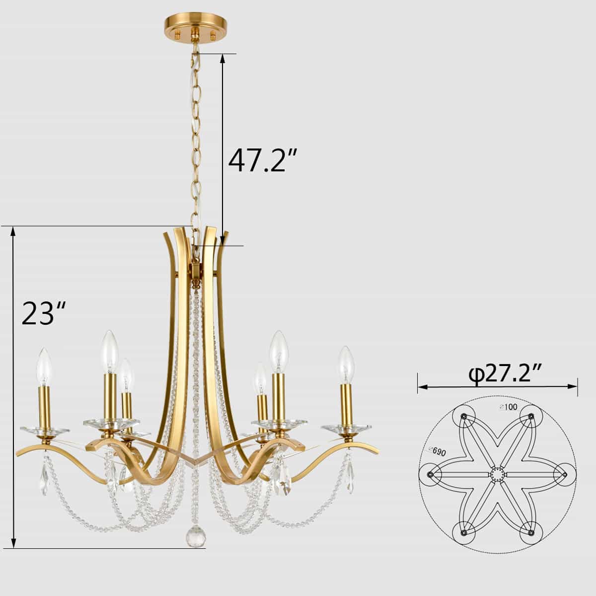 6-Light K5 Crystal Chandelier Lighting Raindrop Brass Pendant Light