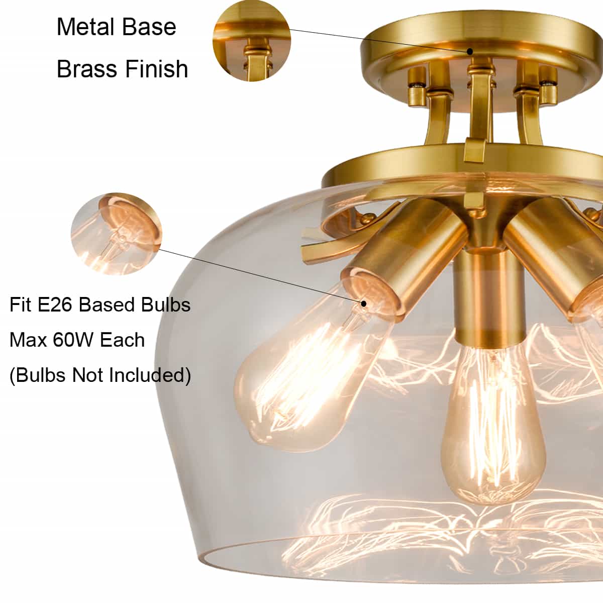 Brass 3-Light Ceiling Light Semi Flush Mount Clear Glass Shade