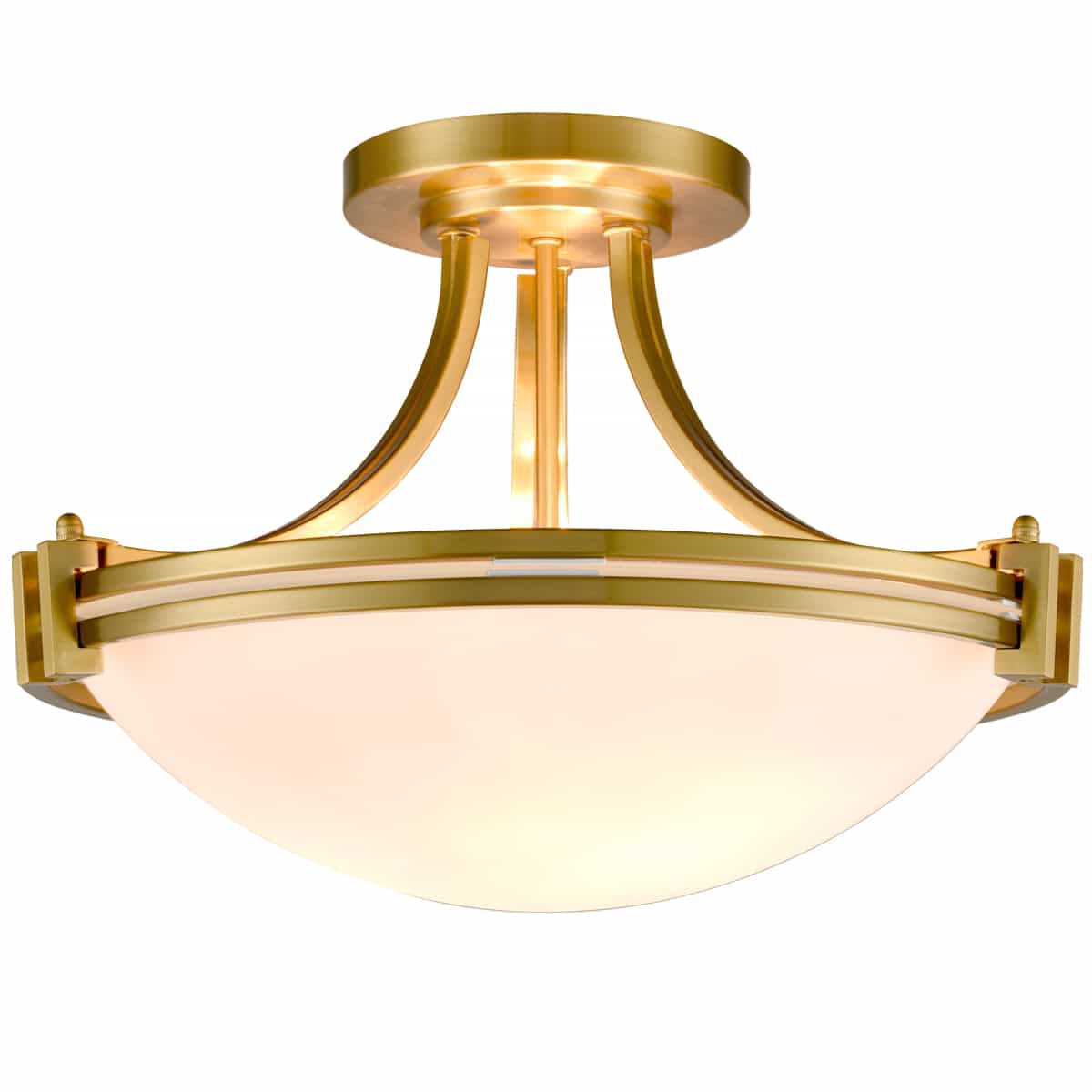 Brass Semi Flush Mount Ceiling Light 3-Light White Glass Shade